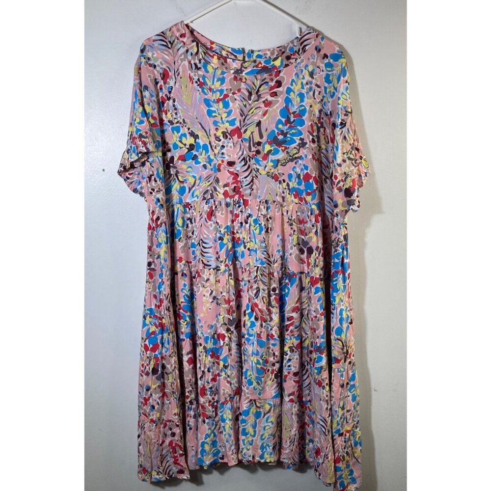 Womens Ott Tiered Ruffle‎ Short Sleeve Floral Dress Pink Tan Blue 2X NWT Rayon